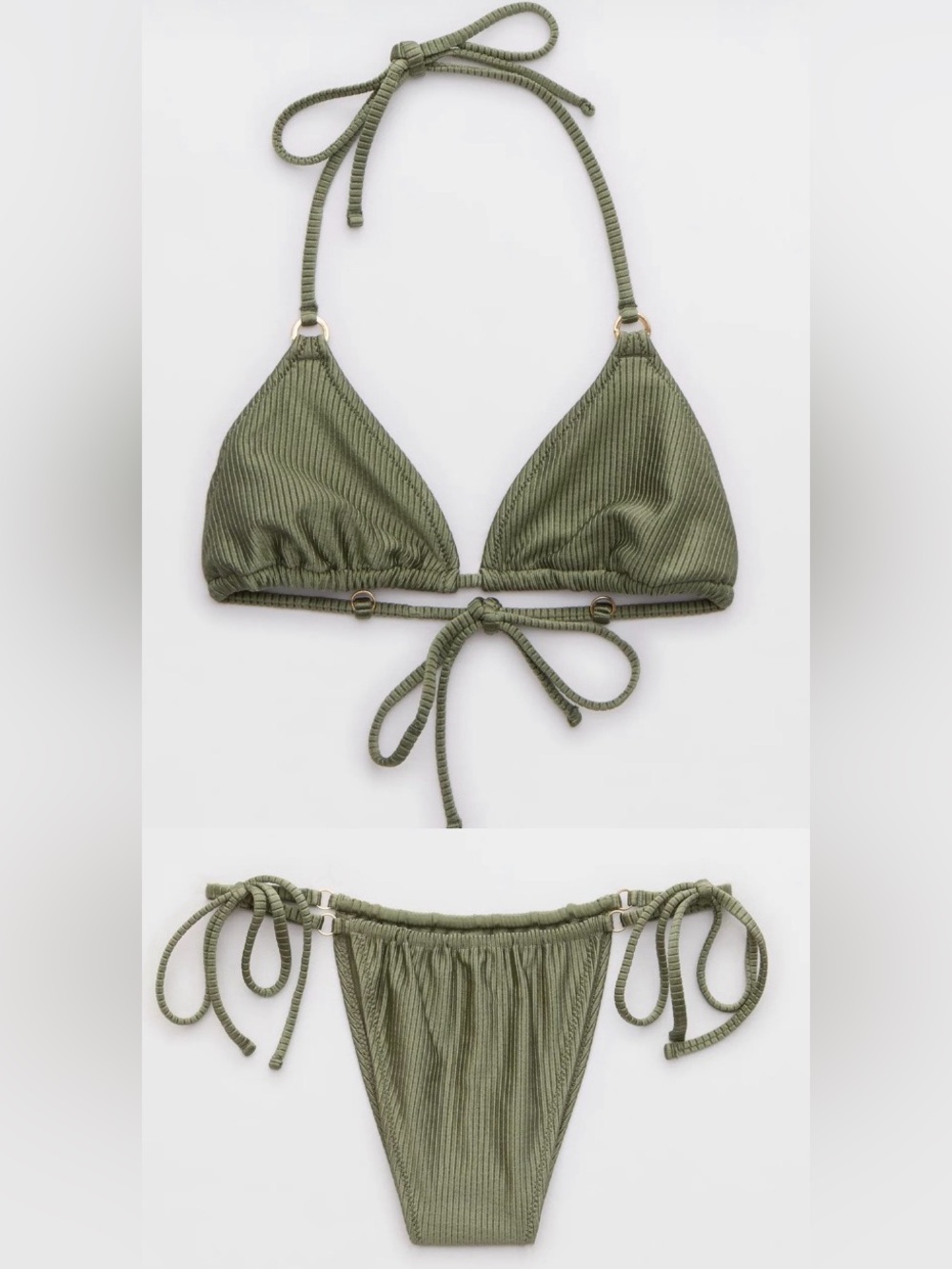 NWT Aerie FULL SET Shine Rib String Triangle Top + Strappy Bottom Olive - M